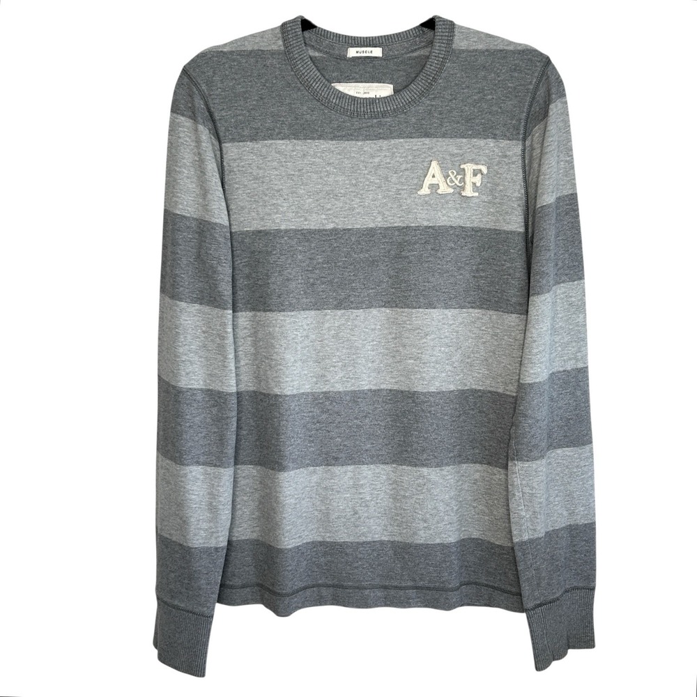 Abercrombie‎ & Fitch Y2k Muscle Crewneck Large Preppy Rugby 2010s Stripe Gray